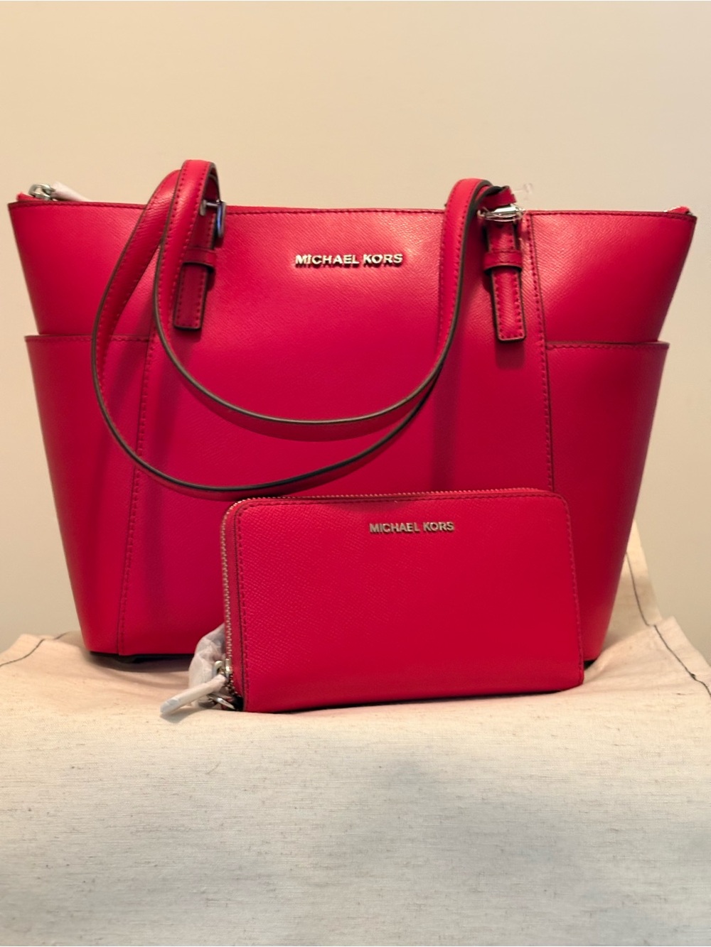 Michael Kors Raspberry Saffiano Tote with Matching Zip Wallet